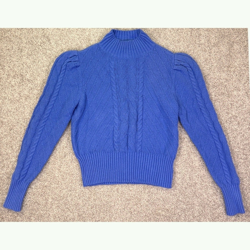 LOFT Sweater Women L Blue Cable Knit Puff Sleeve Mock Neck Soft Cozy Pullover